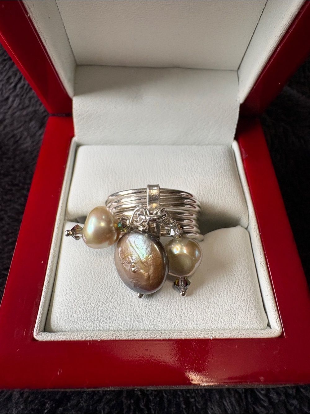 Sterling Silver Multi-Band, 7 Band Ring with Pearls and tiny Swarovski Crystals.
